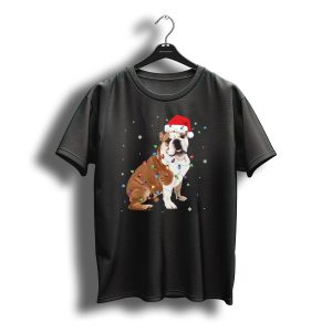 English Bulldog Christmas Lights Santa Hat Snowflakes T-Shirt
