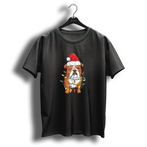English Bulldog Christmas Santa Hat Festive Lights T Shirt