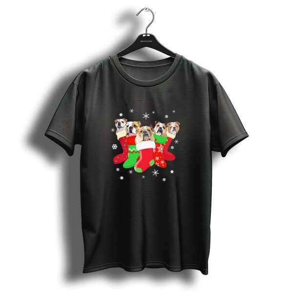 English Bulldog Christmas Stockings With Snowflakes And Festive T Shirt 1 t shirt 1