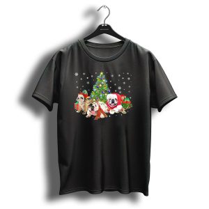 English Bulldog Christmas Tree Snowflakes Santa Hat Holiday Scene T Shirt