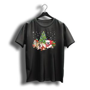 English Bulldog Christmas Tree Snowflakes Santa Hat Holiday Scene T-Shirt