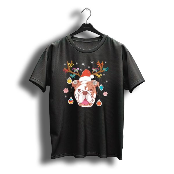 English Bulldog In Santa Hat With Christmas Antlers And T Shirt t shirt 1
