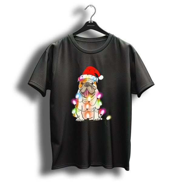 English Bulldog In Santa Hat Wrapped In Colorful Christmas Lights T Shirt 1 t shirt 1