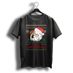 English Bulldog Merry Christmas Santa Hat Snowflakes Reindeer Ugly T Shirt