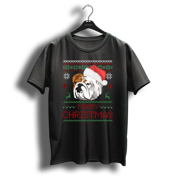 English Bulldog Merry Christmas Santa Hat Snowflakes Reindeer Ugly T Shirt 1 t shirt 1