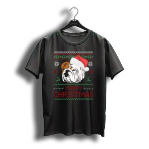 English Bulldog Merry Christmas Santa Hat Snowflakes Reindeer Ugly T-Shirt