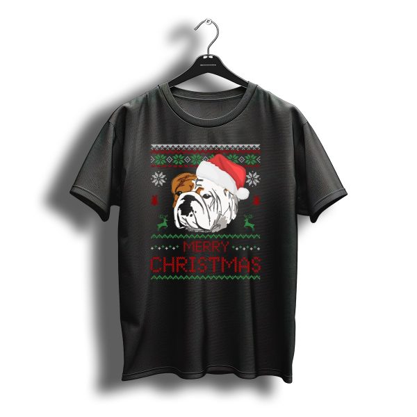 English Bulldog Merry Christmas Santa Hat Snowflakes Reindeer Ugly T Shirt t shirt 1
