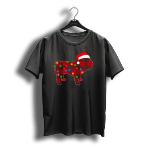 English Bulldog Red Plaid Christmas Lights Santa Hat T-Shirt