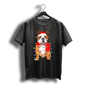 English Bulldog Reindeer Christmas Santa Lights Scarf T-Shirt