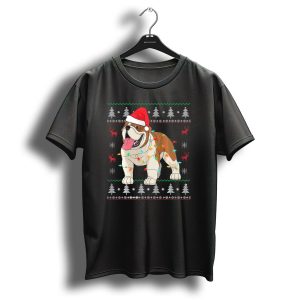 English Bulldog Santa Hat Christmas Lights Ugly T Shirt