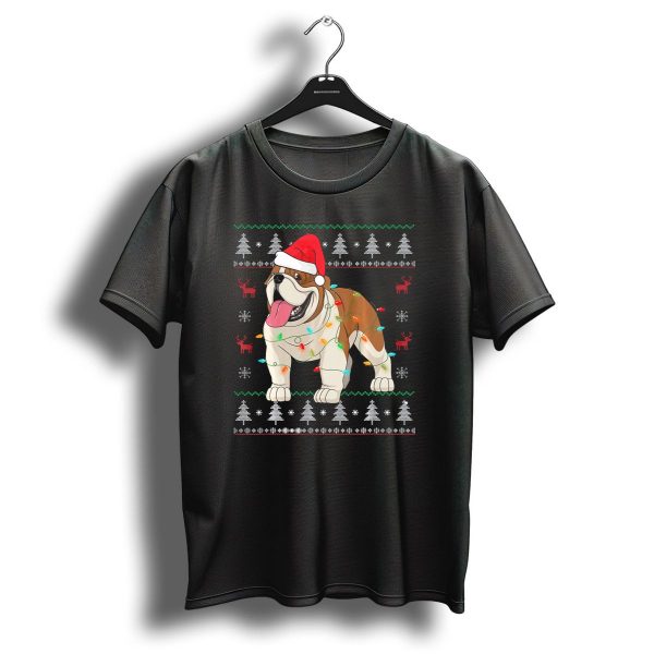 English Bulldog Santa Hat Christmas Lights Ugly T Shirt 1 t shirt 1