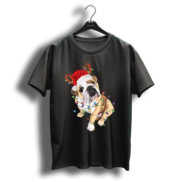 English Bulldog Santa Hat Reindeer Christmas Lights T Shirt 1 t shirt 1