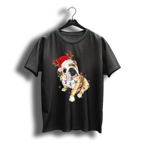 English Bulldog Santa Hat Reindeer Christmas Lights T-Shirt