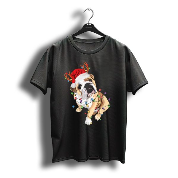 English Bulldog Santa Hat Reindeer Christmas Lights T Shirt t shirt 1