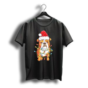 English Bulldog Santa Hat Wrapped In Christmas Lights Holiday Festive Fun T-Shirt
