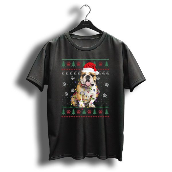 English Bulldog Santa Hat Wrapped In Christmas Lights Ugly T Shirt 1 t shirt 1