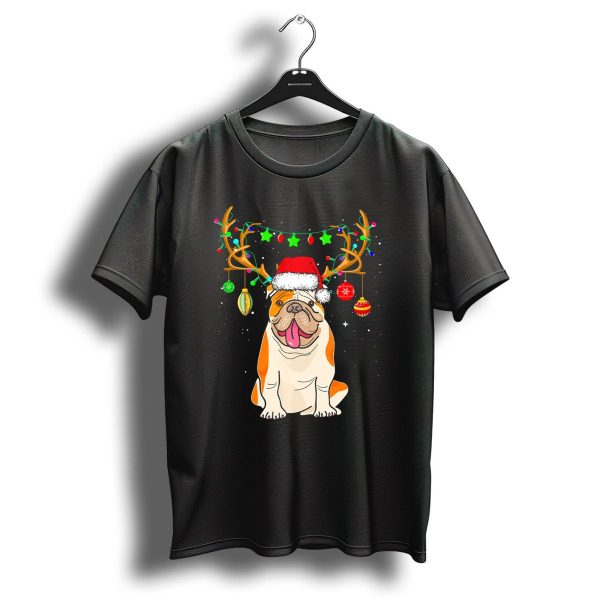 English Bulldog Wearing Santa Hat With Christmas Lights Antlers T Shirt 1 t shirt 1