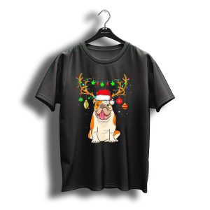 English Bulldog Wearing Santa Hat With Christmas Lights Antlers T-Shirt