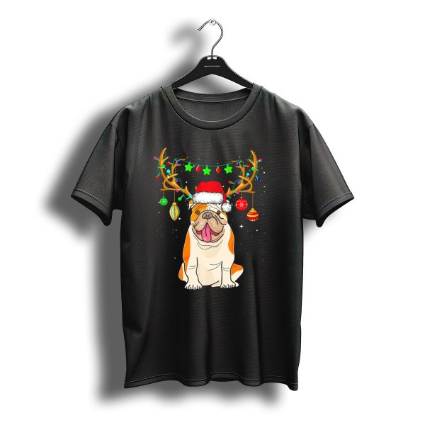 English Bulldog Wearing Santa Hat With Christmas Lights Antlers T Shirt t shirt 1