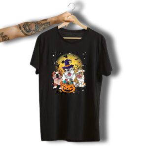 English Bulldog Witch And Mummy With Halloween Moon And Ghosts T-Shirt