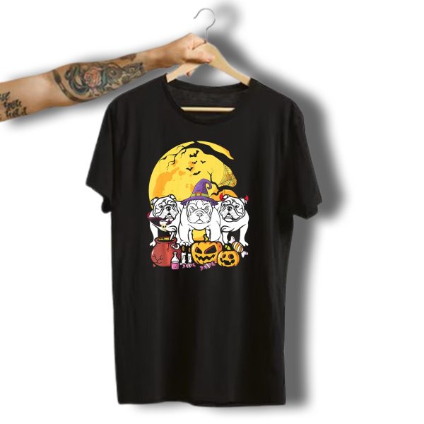 English Bulldog Witch Halloween Pumpkins Candy Cauldron Full Moon Ghosts T Shirt t shirt 1