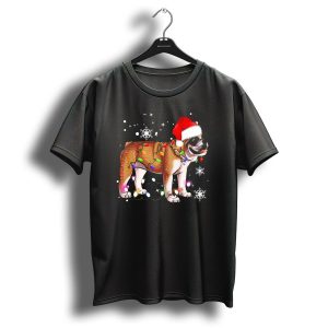 English Bulldog With Christmas Lights And Santa Hat Snowflakes T Shirt