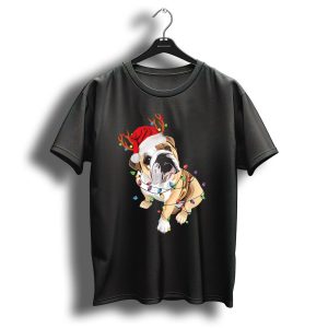 English Bulldog With Santa Hat Antlers And Christmas Lights T Shirt