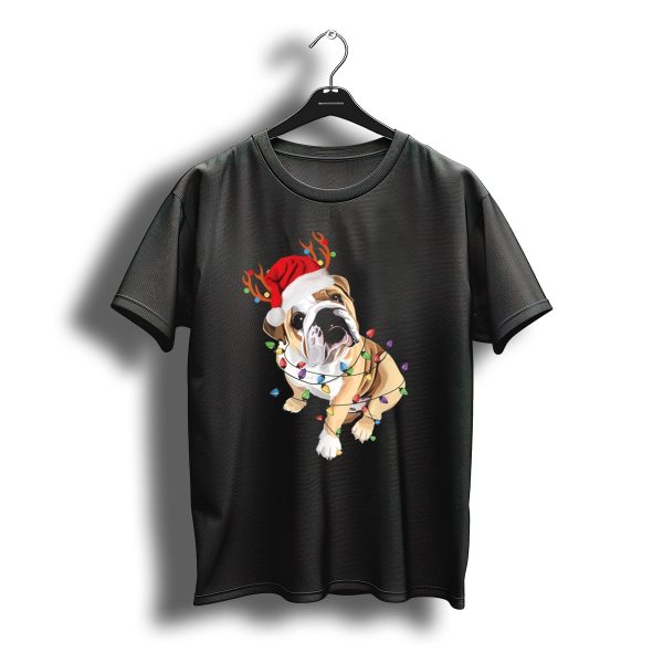English Bulldog With Santa Hat Antlers And Christmas Lights T Shirt t shirt 1