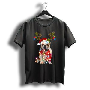 English Bulldog With Santa Hat Reindeer Antlers And Christmas Lights T Shirt
