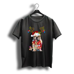 English Bulldog With Santa Hat Reindeer Antlers And Christmas Lights T-Shirt