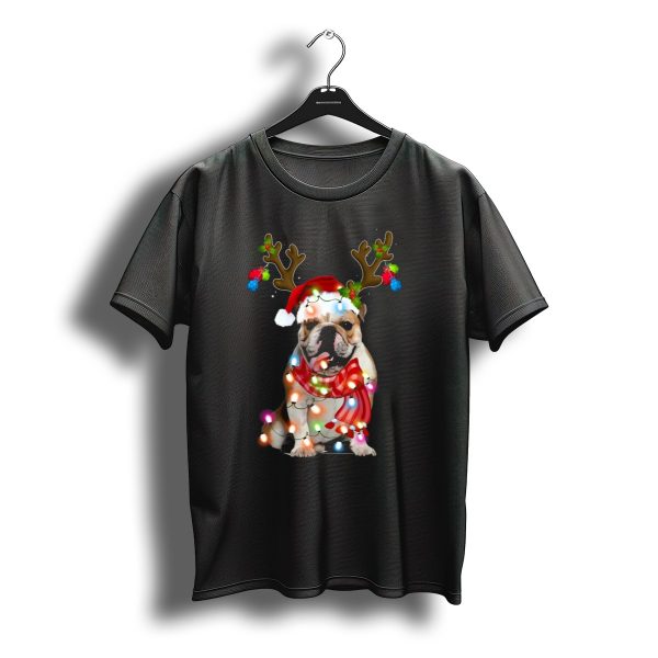English Bulldog With Santa Hat Reindeer Antlers And Christmas Lights T Shirt t shirt 1