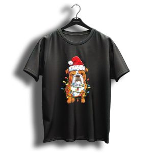 English Bulldog Wrapped In Christmas Tree Lights With Santa Hat T Shirt