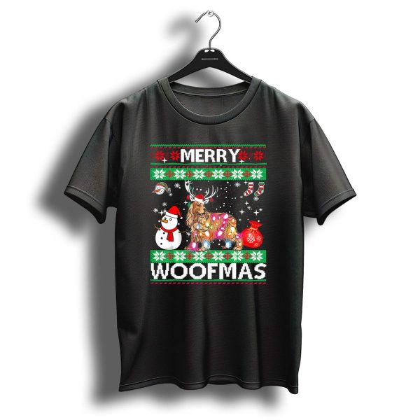 English Cocker Spaniel Merry Woofmas Christmas Snowman Reindeer Lights T Shirt 1 t shirt 1