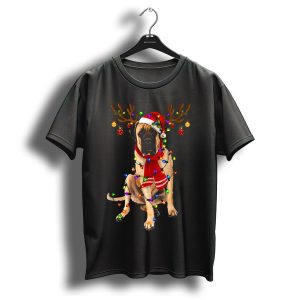 English Mastiff Wrapped In Christmas Lights With Reindeer Antlers And Santa Hat T Shirt
