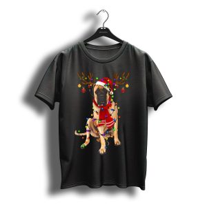 English Mastiff Wrapped In Christmas Lights With Reindeer Antlers And Santa Hat T-Shirt
