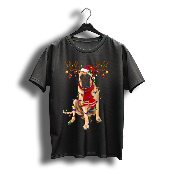English Mastiff Wrapped In Christmas Lights With Reindeer Antlers And Santa Hat T Shirt t shirt 1