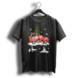English Springer Spaniel Christmas Scene With Santa Hats On Red Truck And Snowflakes T Shirt