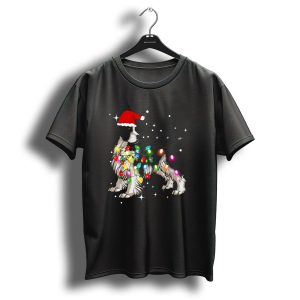 English Springer Spaniel In Christmas Lights Wearing Santa Hat T Shirt