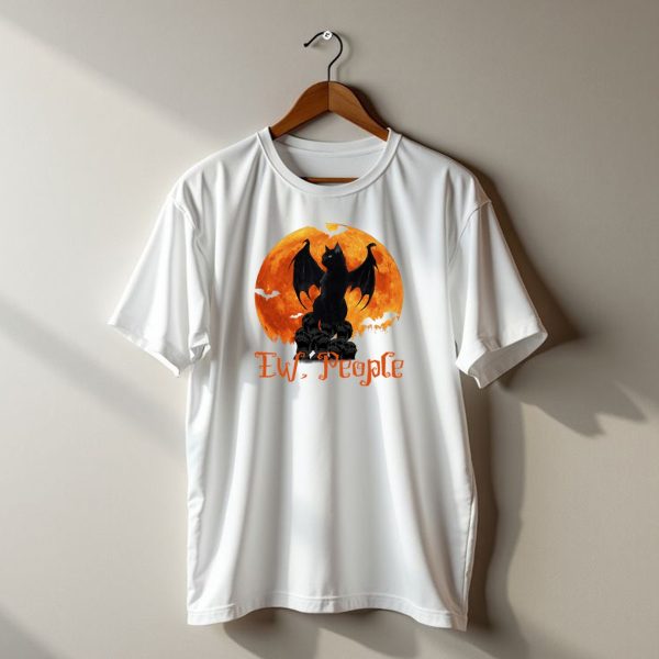 Ew People Black Cat With Bat Wings Halloween Orange Moon T Shirt t shirt 1