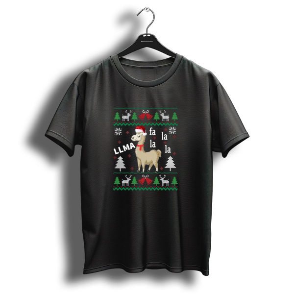 Fa La La Llama Christmas Ugly Sweater Santa Hat Trees Reindeer Snowflakes T Shirt 1 t shirt 1