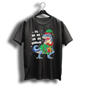 Fa Ra Ra Ra Ra Rawr Dinosaur Christmas Elf With Gift T-Shirt