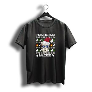 Falalala Llama Christmas Santa Hat Ugly Sweater Design Snowflakes Trees Bells T-Shirt