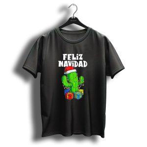 Feliz Navidad Cactus Christmas Tree Lights Santa Hat Gifts T Shirt