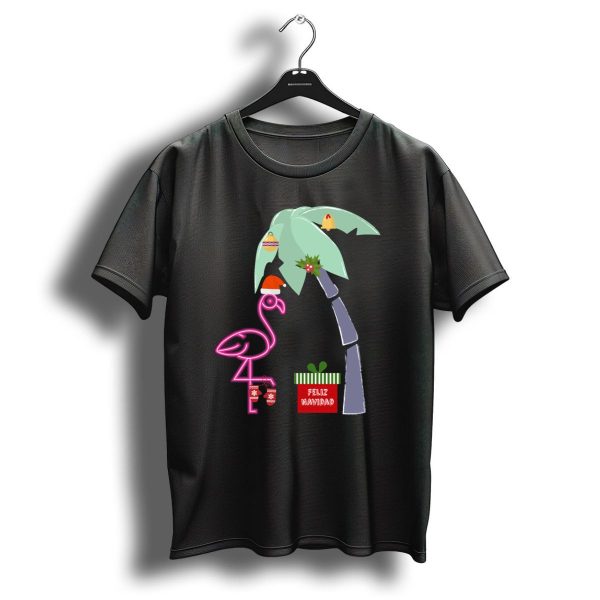Feliz Navidad Pink Christmas Flamingo With Santa Hat And Holiday Palm Tree T Shirt 1 t shirt 1
