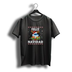 Feliz Navidad Shark Santa Hat Reindeer Antlers Christmas Lights T-Shirt