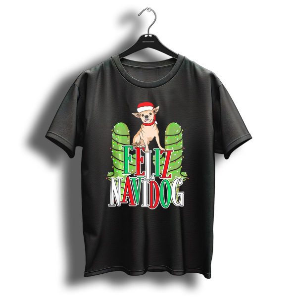 Feliz Navidog Chihuahua Santa Hat Christmas Cactus Lights T Shirt 1 t shirt 1