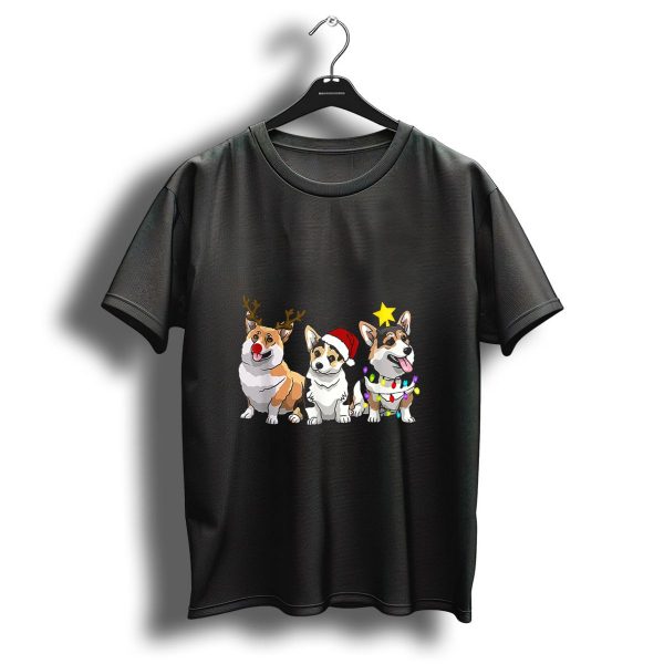 Feliz Navidog Corgi Trio With Reindeer Antlers Santa Hat And Christmas Lights T Shirt 1 t shirt 1