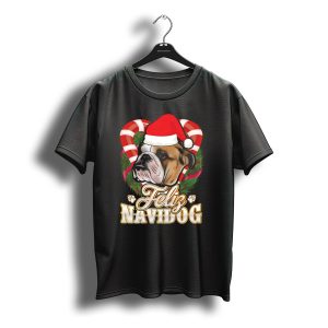 Feliz Navidog English Bulldog Santa Claus Christmas Candy Canes Paw Prints T-Shirt