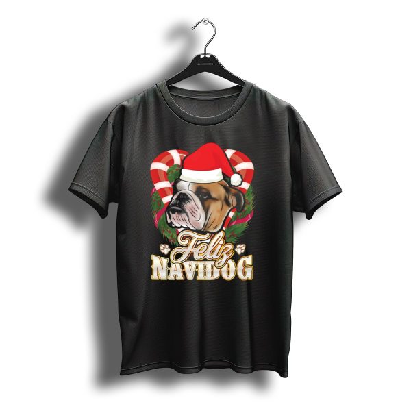 Feliz Navidog English Bulldog Santa Claus Christmas Candy Canes Paw Prints T Shirt t shirt 1