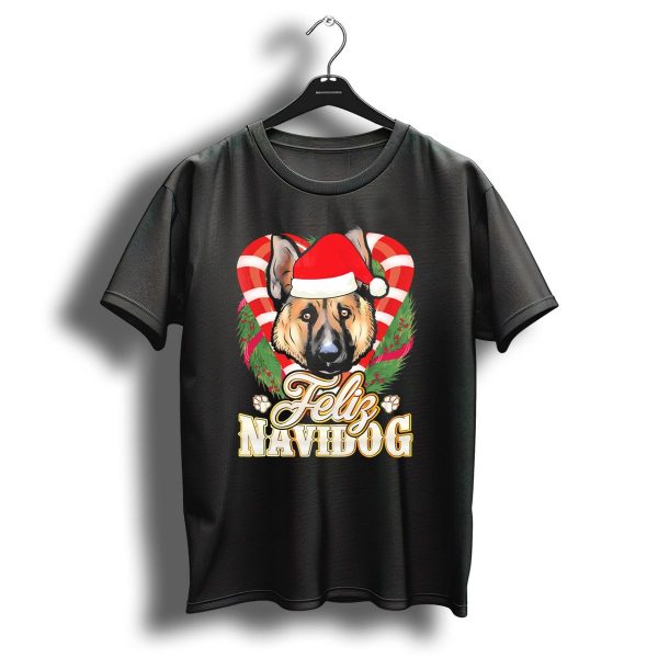 Feliz Navidog German Shepherd Santa Hat Christmas Wreath T Shirt 1 t shirt 1